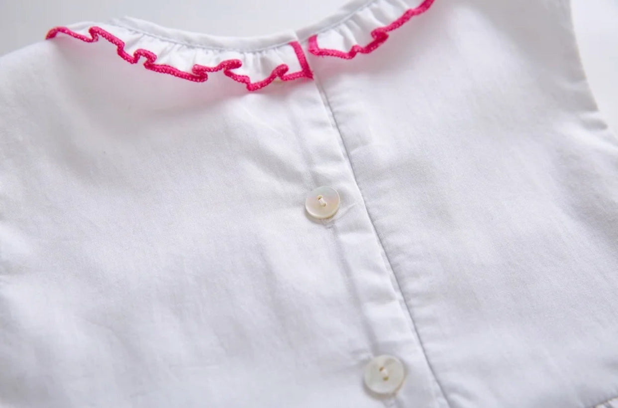 Hand Smocked White Cotton Dress with Roses