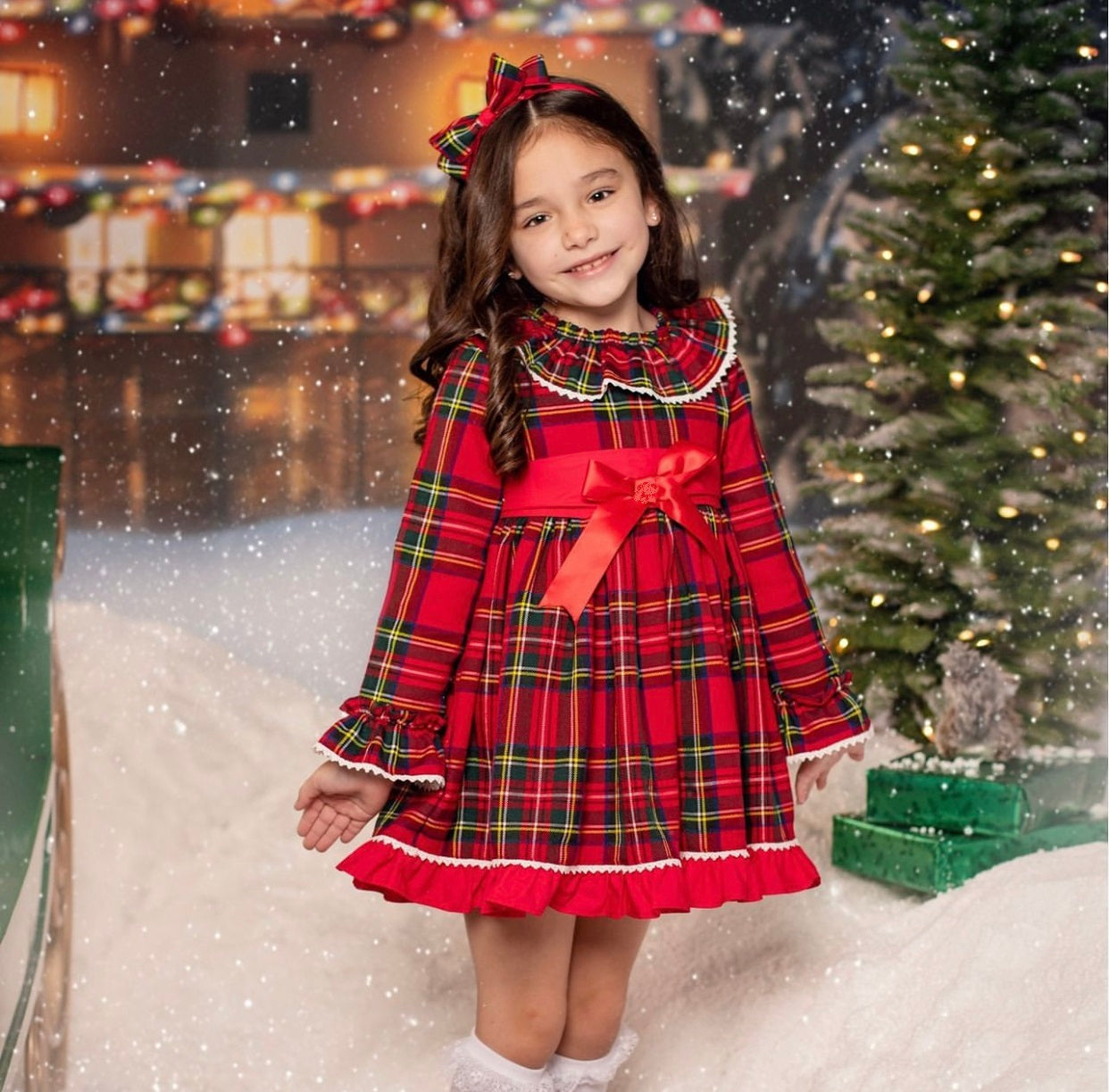 Red Bow Detail Plaid Dress Headband Set