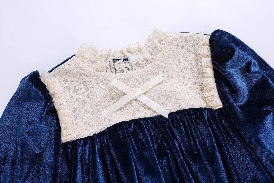 Blue Cobalt Velvet Dress with Lace Collar