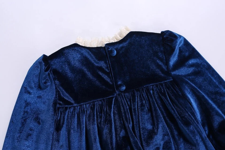 Blue Cobalt Velvet Dress with Lace Collar