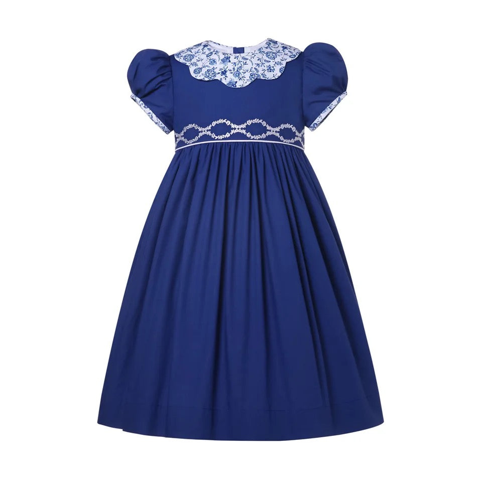 Blue Floral Dress with Printed Shirred Collar