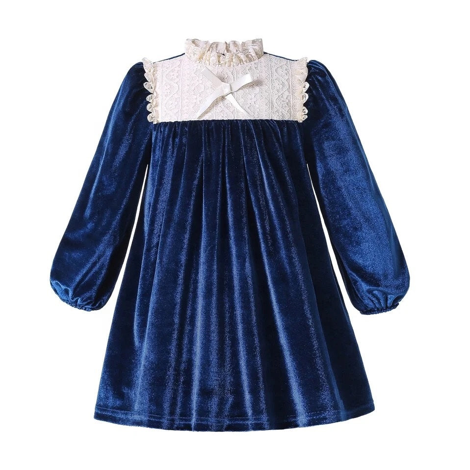 Blue Cobalt Velvet Dress with Lace Collar