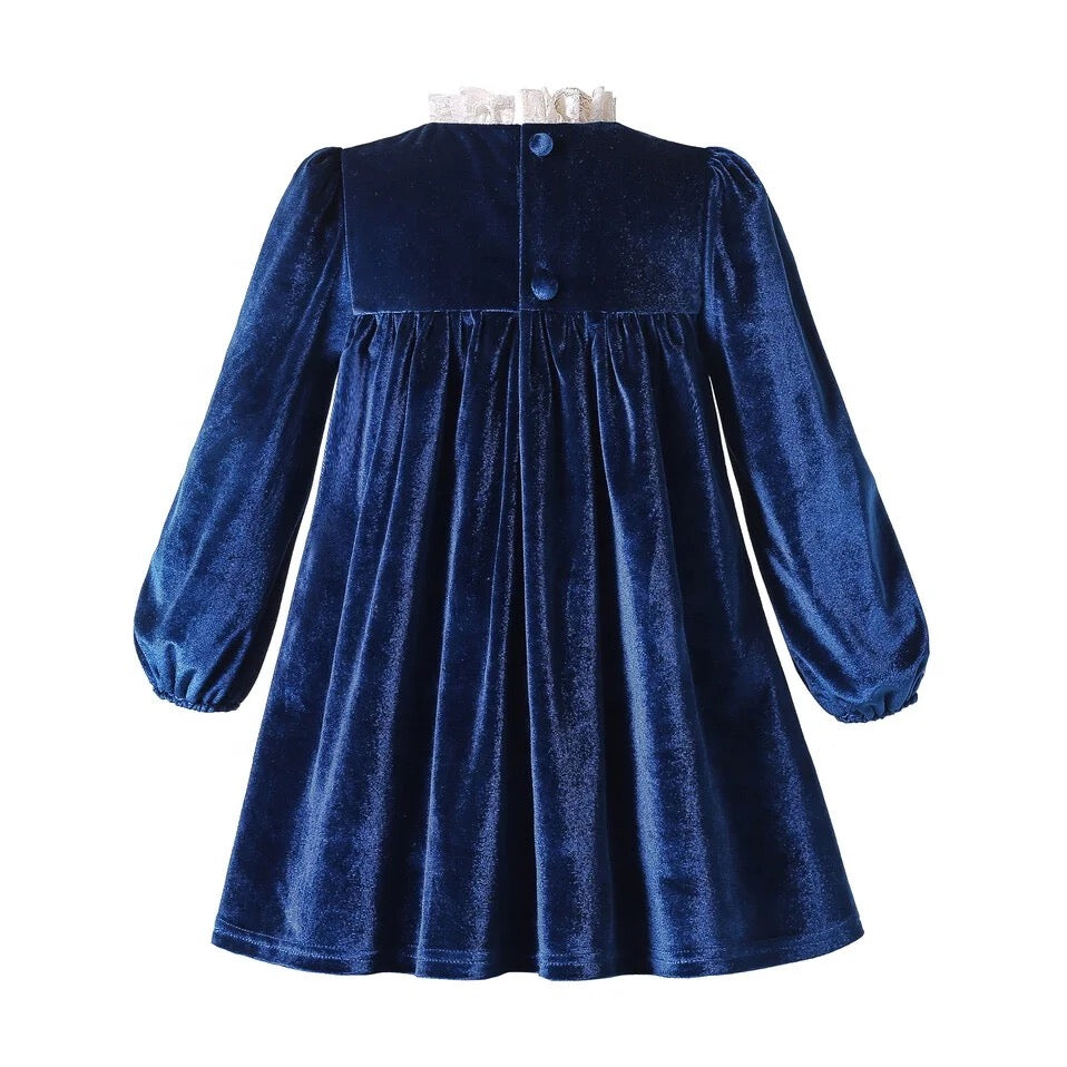 Blue Cobalt Velvet Dress with Lace Collar