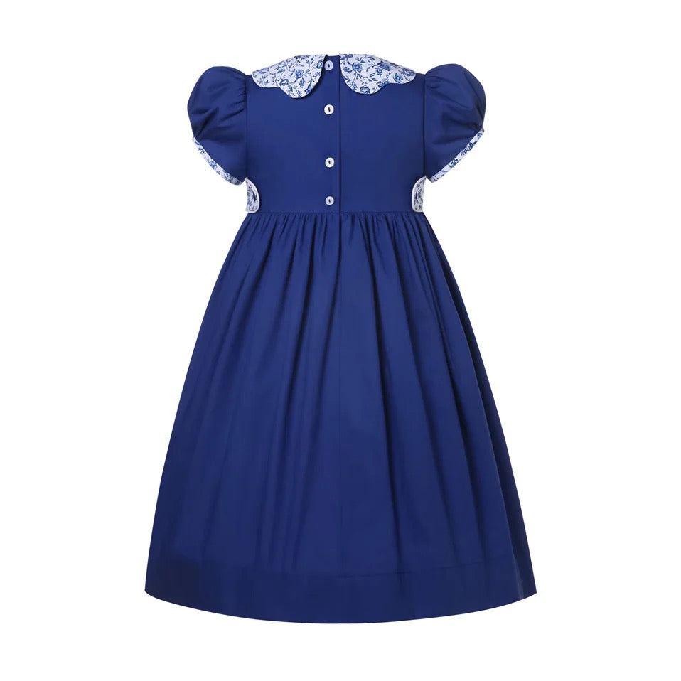 Blue Floral Dress with Printed Shirred Collar