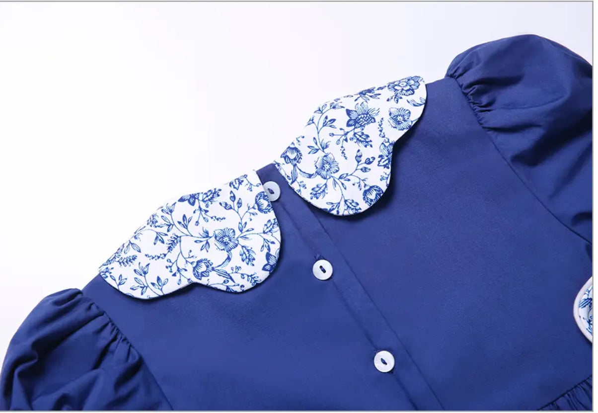 Blue Floral Dress with Printed Shirred Collar