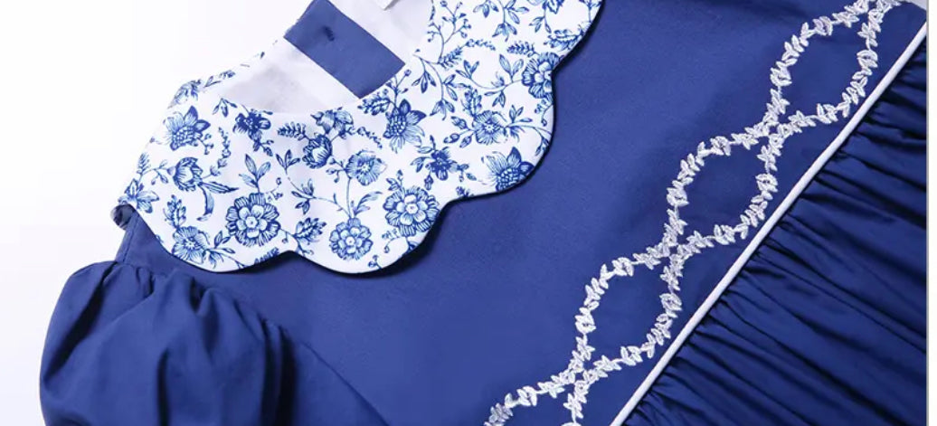 Blue Floral Dress with Printed Shirred Collar